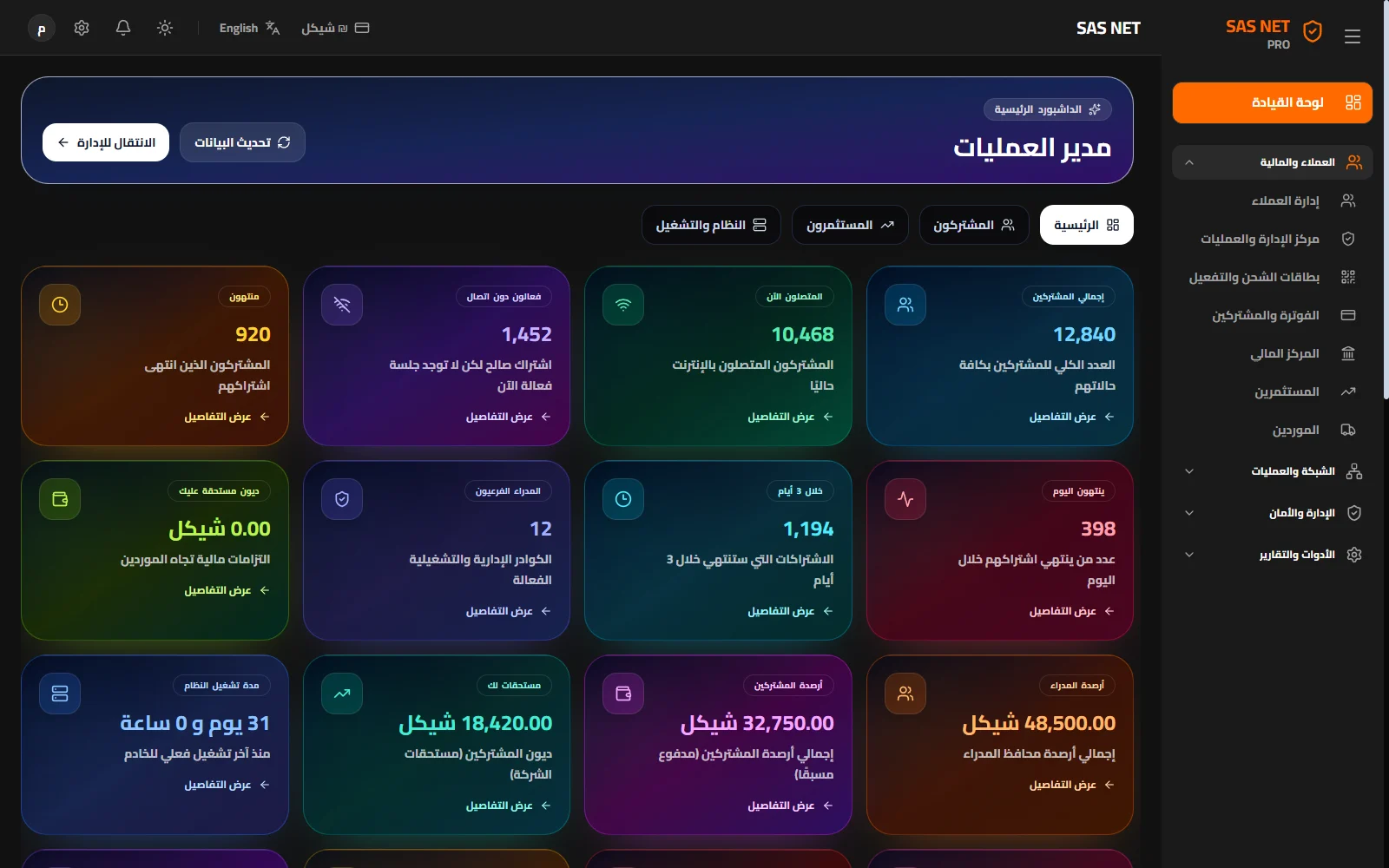 لوحة القيادة — قراءة موحدة لحجم التشغيل وحالة الاشتراكات والاتصال.